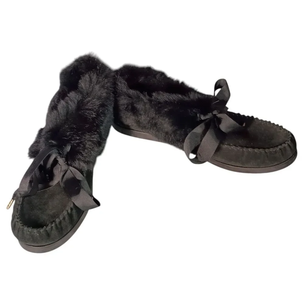 Tory Burch Aberdeen Slipper Moccasin Ankle Women 9 Leather Suede Shearling Black